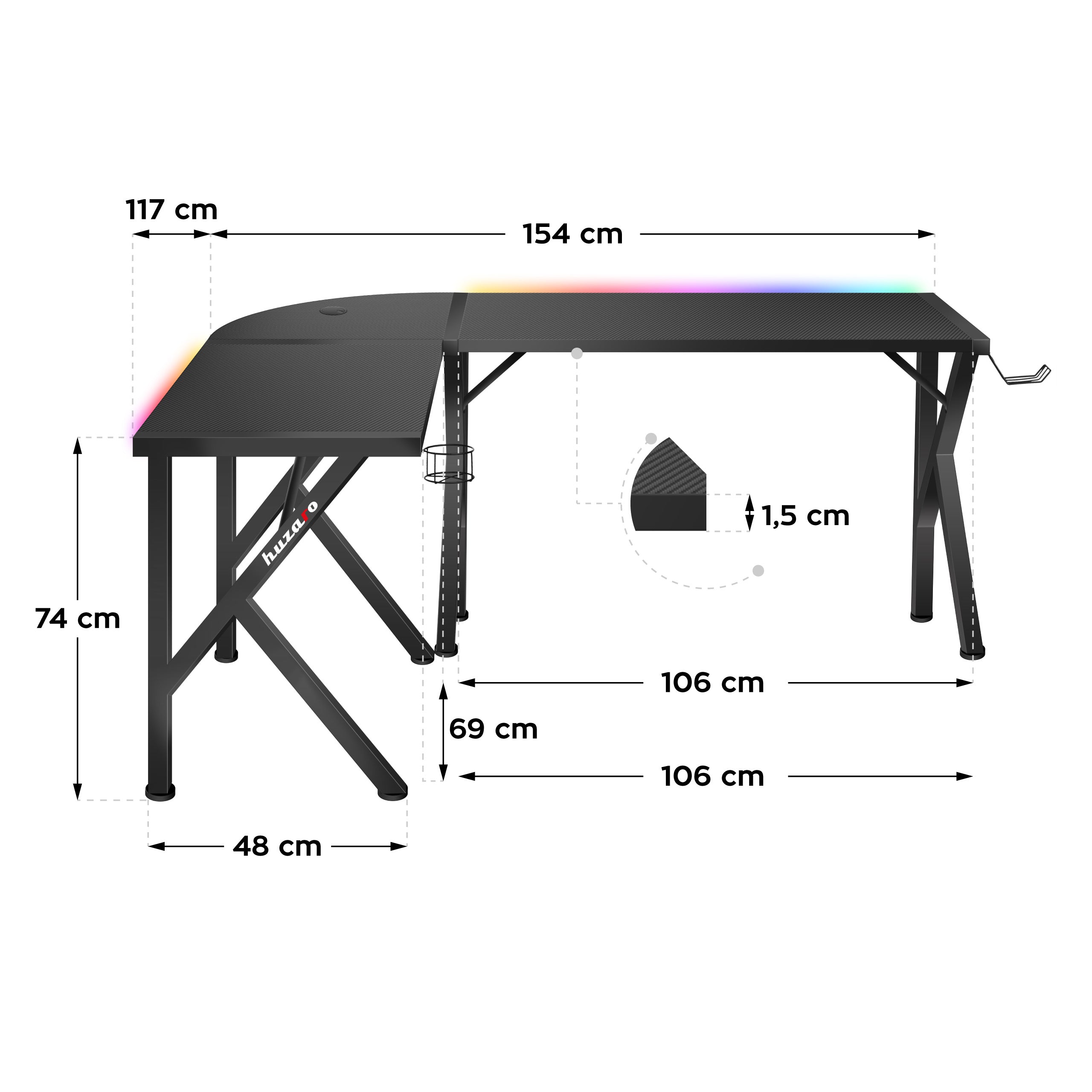 Escritorio de gaming esquinero Huzaro Hero 6.3 RGB Black de 154 cm