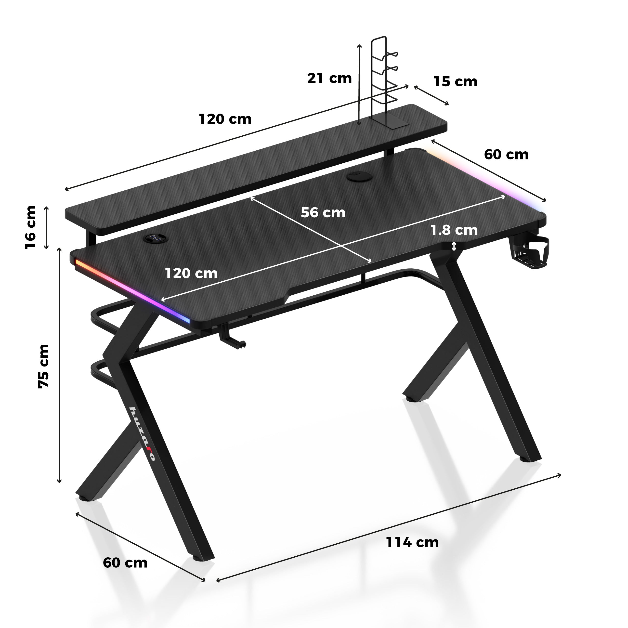 Escritorio para videojuegos Huzaro Hero 5.0 RGB LED negro de 120 cm
