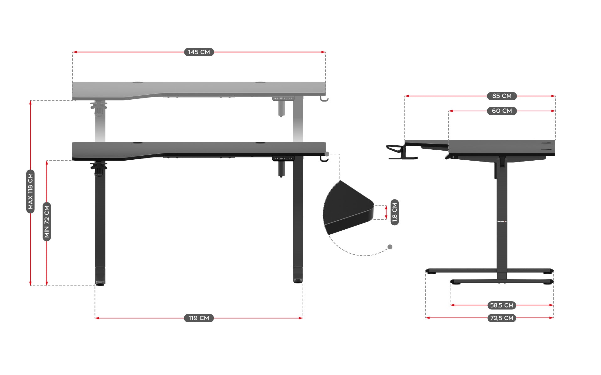 Escritorio esquinero eléctrico Huzaro Hero 9.1 Black de 145 cm