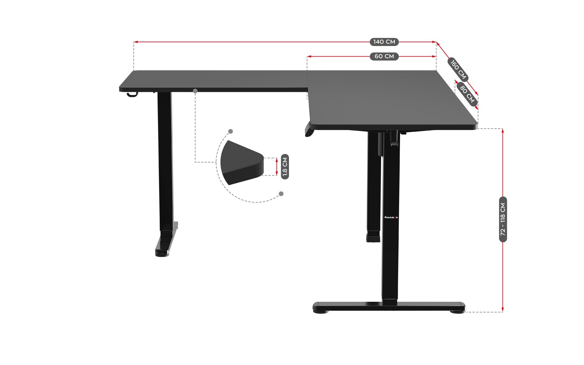 Escritorio esquinero eléctrico Huzaro Hero 9.5 Black de 160 cm