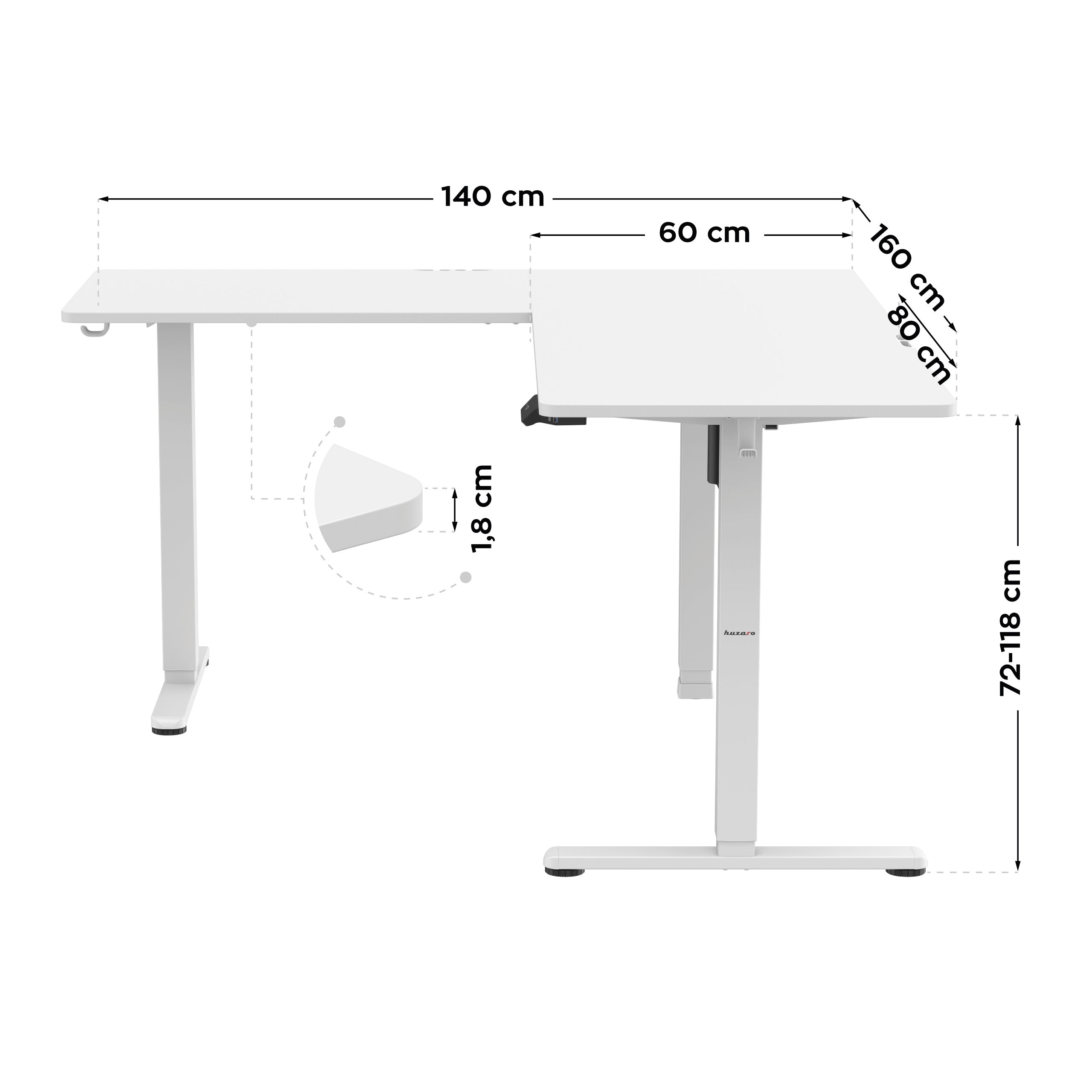 Escritorio esquinero eléctrico Huzaro Hero 9.5 White de 160 cm