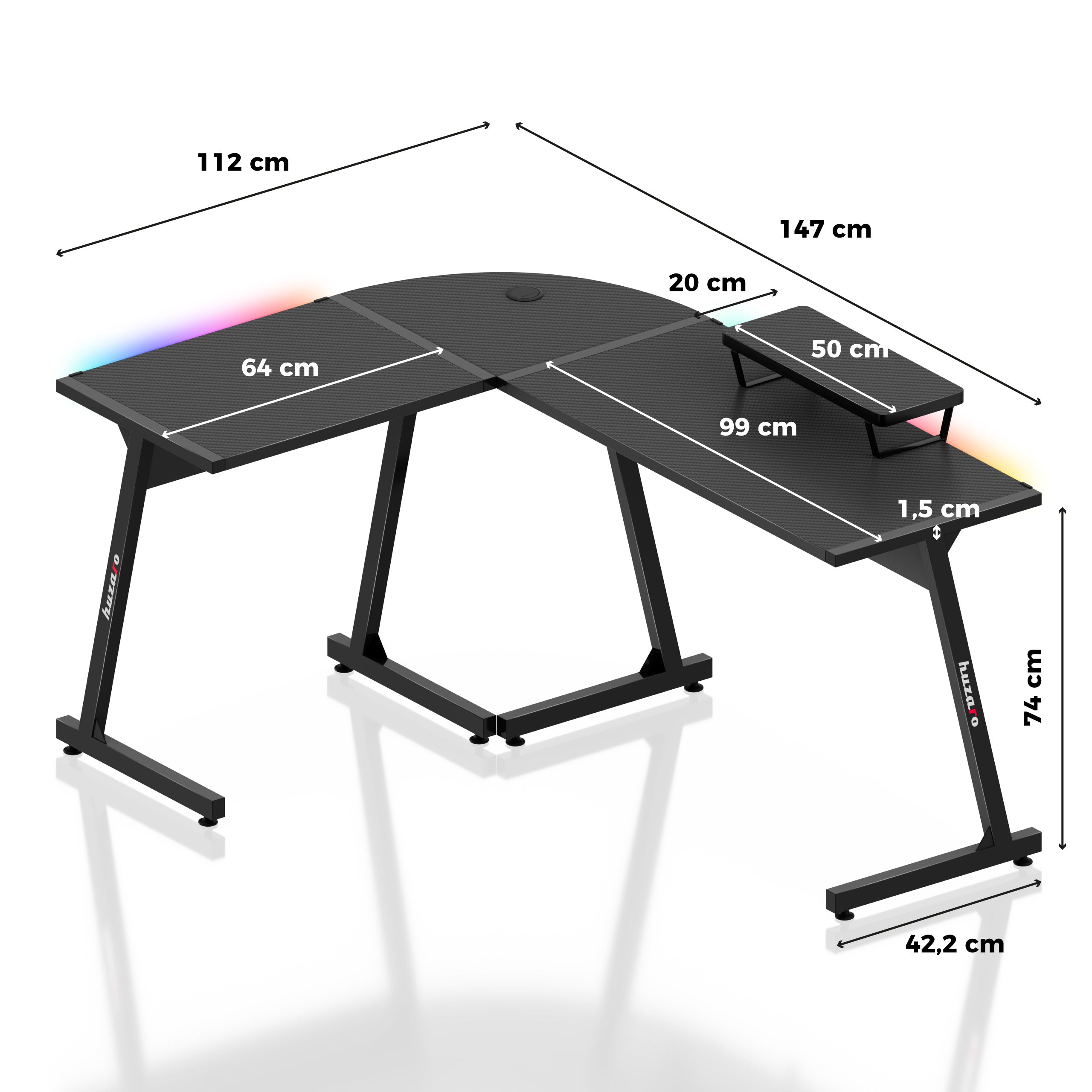 Escritorio gaming de esquina HUZARO Hero 6.0 RGB Smart Black de 147 cm