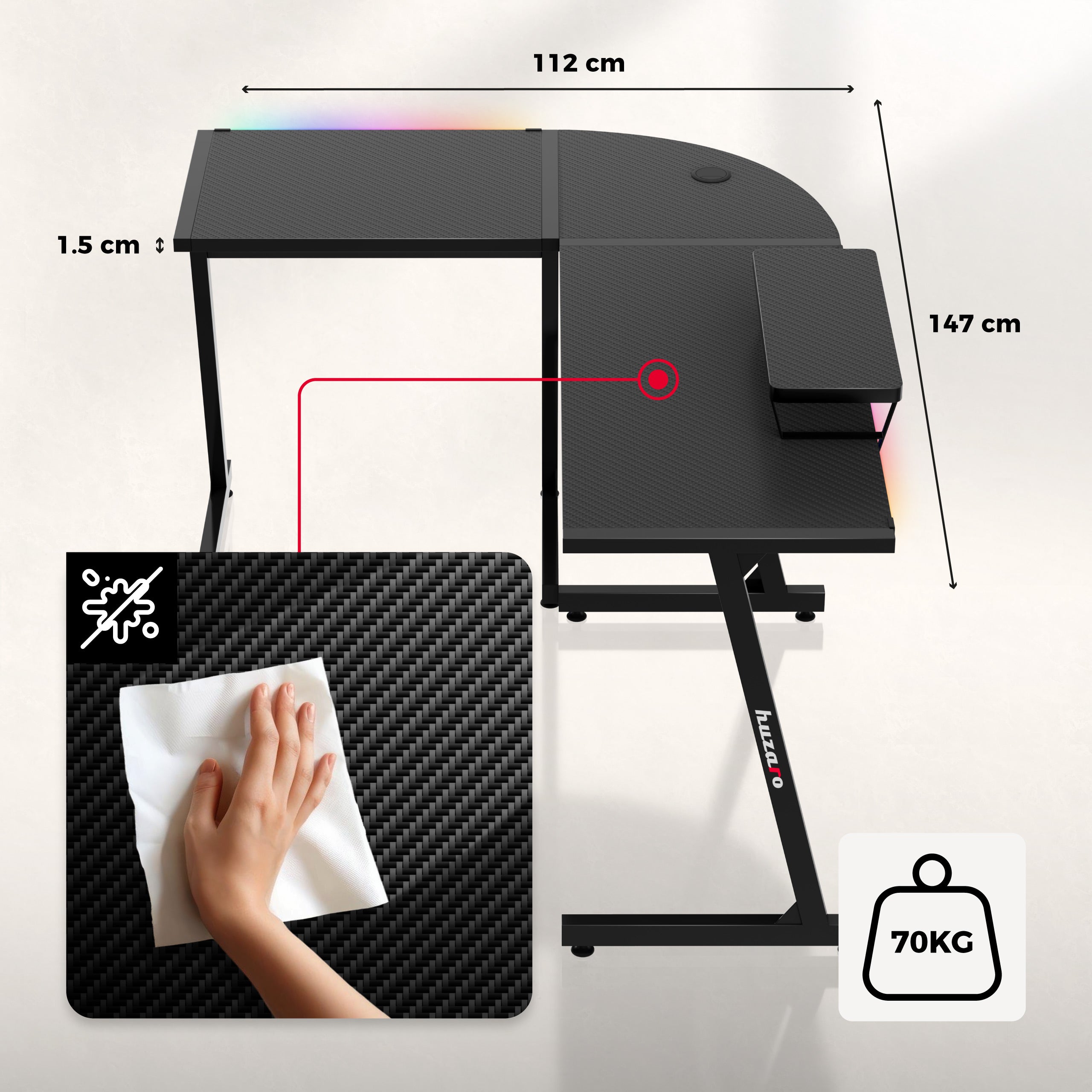 Escritorio gaming de esquina HUZARO Hero 6.0 RGB Smart Black de 147 cm