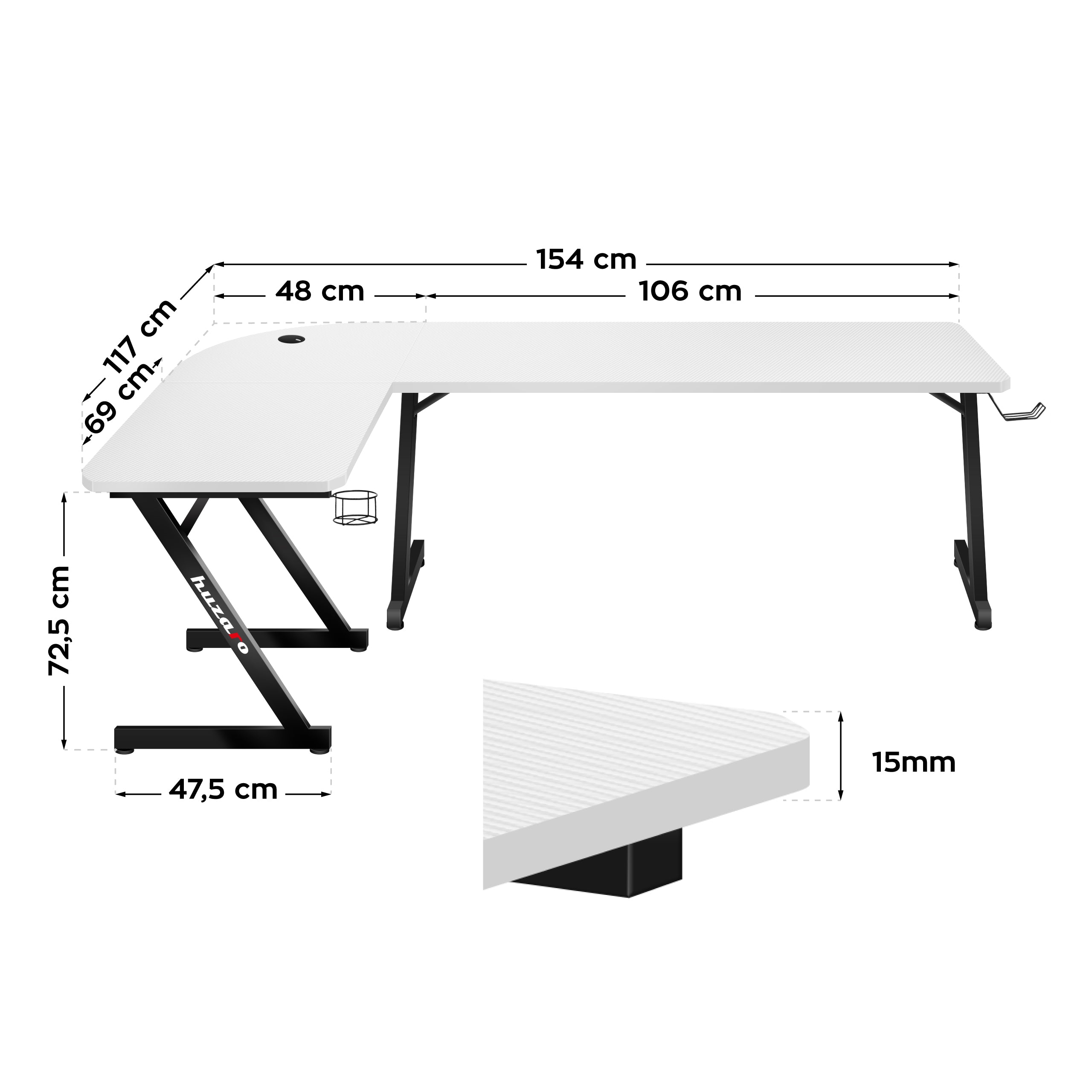 Escritorio de gaming esquinero Huzaro Hero 7.0 Blanco, 154 cm
